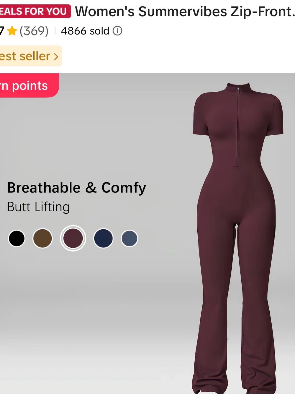 Women's Zip-Front Short Sleeve Jumpsuit - Burgundy